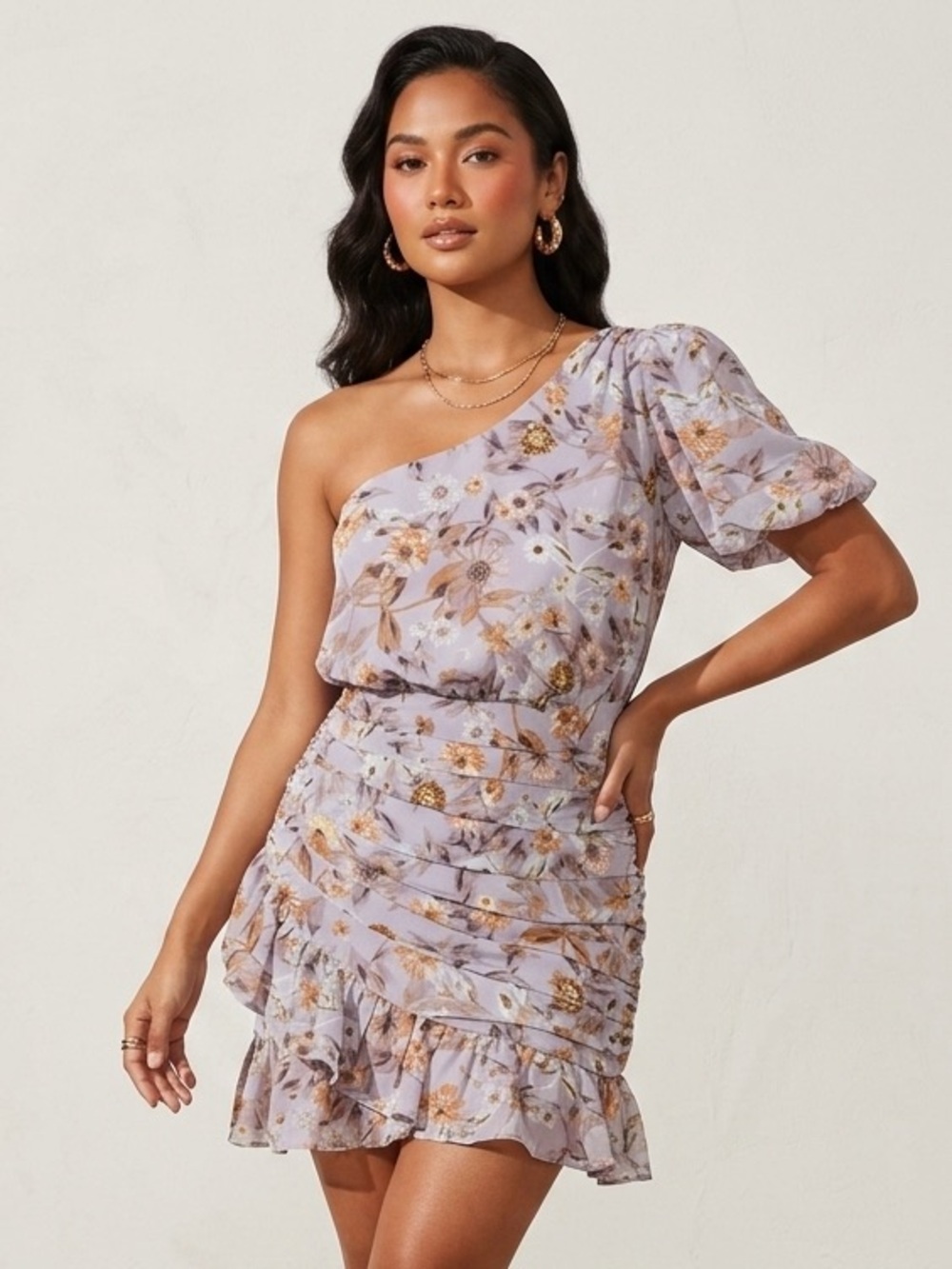ASTR The Label Periwinkle Floral One Shoulder Ruched Mini Dress M